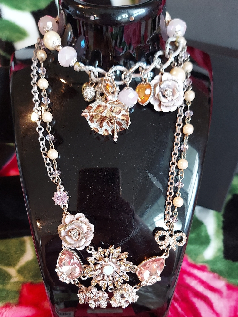 Betsey Johnson Vintage Pink Multi-Charm Necklace, and Bracelet Set